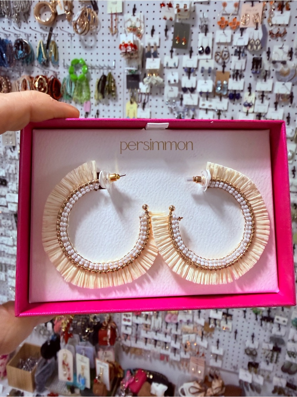 Persimmon Beige Raffia Hoop Earrings boxed